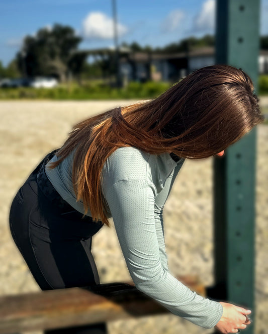 Perforated Long Sleeve Mock Neck Top — French Riviera